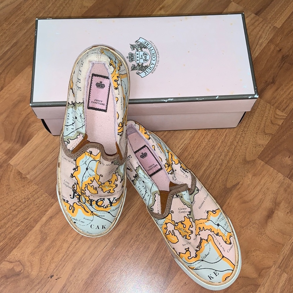 NWOT Original Juicy Couture Slip On Shoes with Map Design